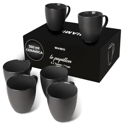 Immagine di MIAMIO 6 x 350 ml Pezzi per Colazione/Set di Tazze da Caffè, esterno nero interno colorato (Nero)