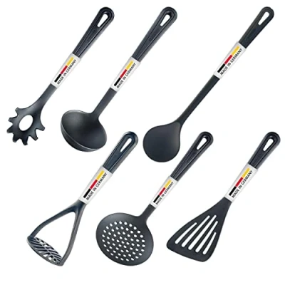 Immagine di Westmark Set di utensili da cucina, 6 Pezzi, Paletta, cucchiaio, schiumarola, servispaghetti, mestolo, schiacciapatate, Plastica, &quot;Gentle&quot;, Nero, 283522E6