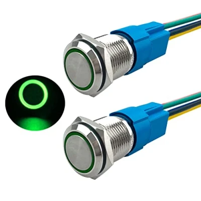 Immagine di Aiqeer 2 Pezzi 16 mm Interruttore a Pulsante Momentaneo, 12V / 24V 5A di Accensione per Auto, in Metallo con Presa Precablata (LED Verde)