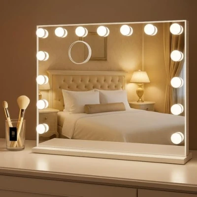 Immagine di Bayt Hollywood Specchio Trucco con Luci 58 x 46 cm da Tavolo 18 Lampadine LED e 3 Modalità Illuminazione di ingrandimento 10x Bianco