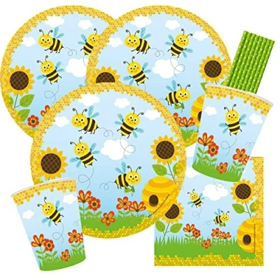 Immagine di spielum Set di 44 pezzi per feste con api impertinenti piatti bicchieri tovaglioli cannucce 8 bambini