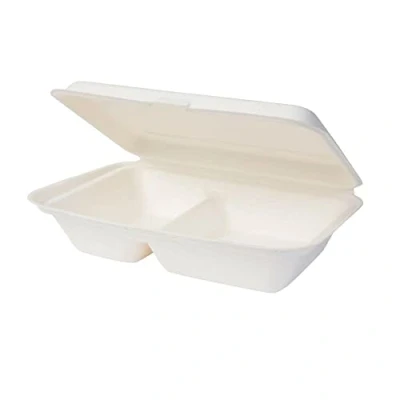 Immagine di GREENBOX DFC013461 Ciotole per bagassa, biodegradabili, divise, 2 camere, coperchio pieghevole, compostabili, 650 ml, 50 vaschette rettangolari, 25 x 16,5 cm, colore: Bianco