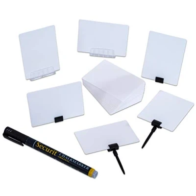 Immagine di SECURIT Set Da 20 Etichette Per Pennarelli A Gesso Liquido Caffè, Ristoranti, Bar, Negozi Formato A8 Supporti e 1 Pennarello Nero Inclusi 7,4x5,2x0,1cm Colore Bianco