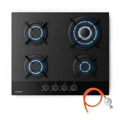Immagine di Klarstein Goldflame Nano Piano Cottura a Gas, 4 Bruciatori in Ottone, 8kW, Vetro Nano, 60cm, Bruciatore Wok, Accensione Automatica &amp; Protezione Fiamma, Convertibile GN/GPL, Elegante Fornello Gas