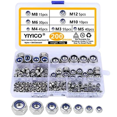 Immagine di YIYICO Dadi Autobloccanti Esagonali Controdado Set 200pz Acciaio Inox di Bloccaggio Nylon M3 M4 M5 M6 M8 M10 M12 Controdadi Kit con Scatola Stoccaggio