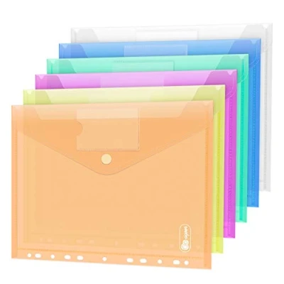 Immagine di Confezione da 24 Cartelline Portadocumenti A4, 6 Colori, con 11 Fori a Fogli Mobili, Chiusura strappo e Tasca per Etichette