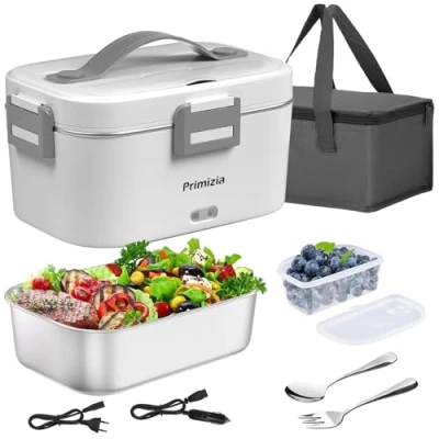 Immagine di Primizia Scaldavivande Elettrico Portatile con Borsa Termica 1.8L (75W/12V/24V/220V), Lunch Box Portavivande Termico Elettronico in Acciaio Inox, Porta Pranzo da Ufficio e Auto, Bianco