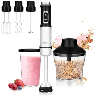 Immagine di ZEEGMA Frullatore a Immersione 5in1 Multifunzionale Potenza di Picco 1500W Set Punte Frullare Mescolare Sbattere Gancio per Miscelare Mixer 0.6L e Contenitore da 0.8L Turbo Alloggiamento in Metallo
