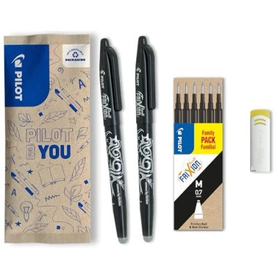 Immagine di Pilot Frixion Penna a sfera cancellabile, punta da 0,7 mm, confezione doppia, con 6 ricariche e gomma, colore: Nero