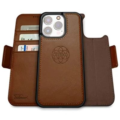 Immagine di dreem Fibonacci compatibile con iPhone 14 Pro Max custodia a portafoglio/custodia antiurto 2 in 1 e folio pelle vegana staccabile, MagSafe, protezione RFID [Cioccolato]