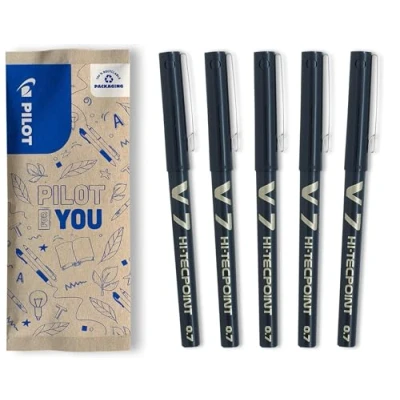 Immagine di PILOT Set di 5 V7 Penna roller con Inchiostro liquido a Punta Fine per una scrittura fluida e precisa Asciugatura rapida, non sanguina Nero Media (0,7 mm)