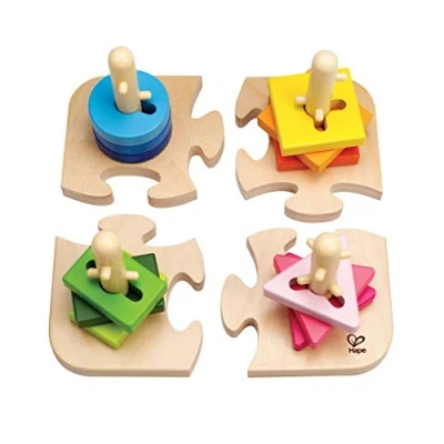 Immagine di Creative Peg Puzzle by Hape , Wooden Stacker Problem Solving for Toddlers, Stacking Toy with Different Grooved Shapes, Pegged Posts and Bright Colours