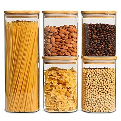 Immagine di ComSaf Contenitori per alimenti con coperchi ermetici in bambù, set di 6, barattoli vetro trasparente coperchio sigillante, dispensa da cucina, spaghetti, pasta, zucchero