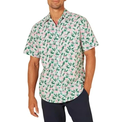Immagine di Amazon Essentials Camicia con Stampa a Maniche Corte vestibilità Regolare Uomo, Verde Pastello Fenicotteri, XL