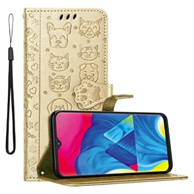 Immagine di Cadorabo Custodia compatibile con Samsung Galaxy A10 / M10 in SHINY OR Simpatici Cani e Gatti Ultra Sottile Protettiva Funzione di Supporto Stile Pieghevole
