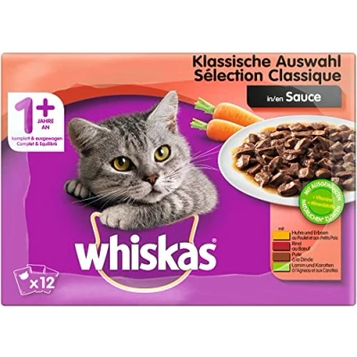 Immagine di Whiskas 1 cibo umido per gatti selezione classica in salsa di alta qualità 48 sacchetti un gatto felice a partire da anno Confezione 4 (4 x 12