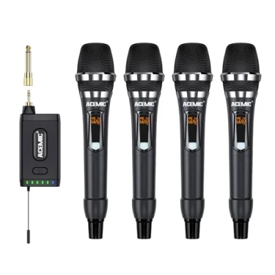 Immagine di ACEMIC Sistemi microfonico wireless UHF Microfono senza fili cordless a 4 canali con microfoni dinamici portatili per servizi religiosi, discorsi, matrimoni e macchine karaoke, Q4