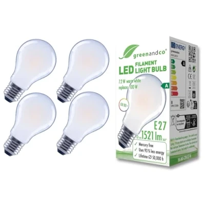 Immagine di greenandco 4 lampadine A filamento LED smerigliate E27 A60 7,2 W 1521 lm sostituisce 100 3000 K bianco caldo 320 230 V senza sfarfallio Classe energetica non dimmerabile