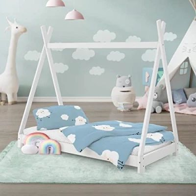 Immagine di ML Design Lettino per Bambini e Bambine Tepee con Rete Telaio a Doghe 70 x 140 cm Letto Basso Forma di Tenda Indiana Giroletto in Legno Pino Massiccio Bianco Cameretta Bimbi