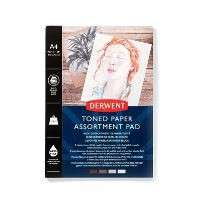 Immagine di Derwent Album da Disegno con 20 Fogli di Carta 120g/mq priva acidi, Formato A4, un Lato Liscio e uno Strutturato, Ognuna in 4 Tonalità, Adatto per Schizzi Ritratti Accessori Asciutti