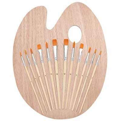 Immagine di Kurtzy Set Pennelli Pittura con Tavolozza in Legno (12pz) Tempera, Acrilico, per Acquerelli e Olio Modellismo, Creta