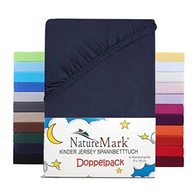 Immagine di NatureMark Set di 2 lenzuola con angoli elasticizzati in jersey, 100% cotone, per lettino e lettino, 70 x 140 cm, blu navy