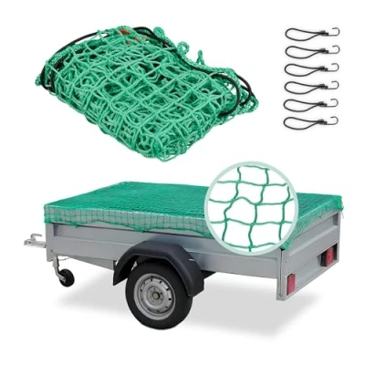 Immagine di Relaxdays Rete di Copertura per Rimorchio, 1,5 x 2,2 m, 6 Ganci, Segni Gli Angoli, Corda in Gomma Elastica, Verde