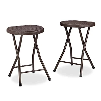 Immagine di Relaxdays Sgabello Pieghevole Bastian, Forma Rotonda, Effetto Rattan, Resistente, HxLxP 45x32,5x29 cm, Marrone