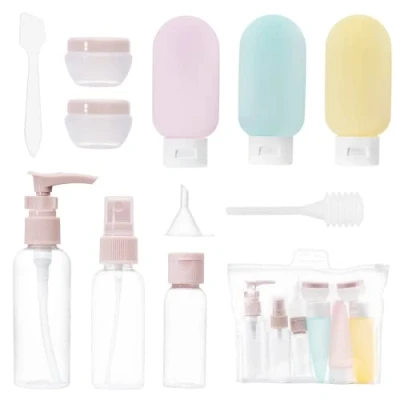 Immagine di Set di 11 kit viaggio liquidi, contenitori aereo 30/50/60/80 ml, piccole lattine crema, flacone spray trasparente, erogatore pompa shampoo, accessori per prodotti bagno