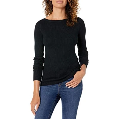 Immagine di Amazon Essentials Maglione Aderente con Scollo a Barchetta Maniche Lunghe Leggero Coste Donna, Nero, XL