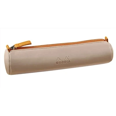 Immagine di RHODIA 319003C Astuccio rotondo rodiarama Touche de Rose, 21,5 x 5,5 cm, cuciture vere arancioni, interno in jersey avorio, finta pelle Organizer per penne, matite, pennarelli, piccoli accessori