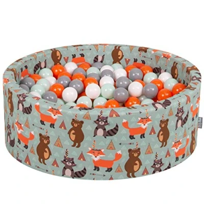 Immagine di KiddyMoon 90X30cm/200 Palline ∅ 7CM Piscina di Colorate per Bambini Tondo Fabbricato in EU, Volpe Verde: Arancione/Menta/Grigio/Bianco