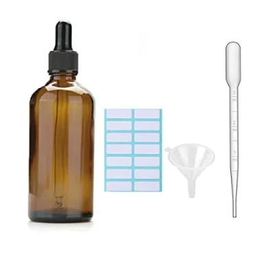 Immagine di 1 flacone contagocce in vetro ambrato con tappo nero, pipetta misurata, imbuto ed etichette; da 100 ml per di olio essenziale ricaricabile