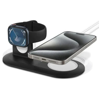 Immagine di Spigen Mag Fit Duo Compatibile con Caricabatterie di MagSafe (2020 2023) Supporto per iPhone 16/15/14/13/12 serie, Apple Watch Ultra 2/1, Serie 10/9/8/7/6/5/SE/4/3/2/1 Nero