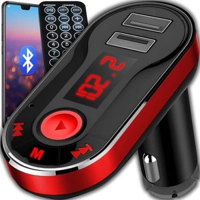 Immagine di Retoo Trasmettitore FM Bluetooth per Auto, Radio Adattatori, Porte USB 2.1A Doppie, Display LCD, Caricabatteria Accendisigari Telecomando Incluso, Nero Rosso