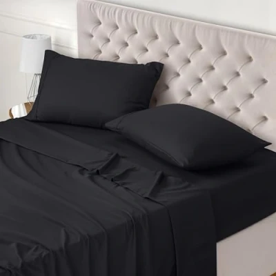 Immagine di Utopia Bedding Set Lenzuola Matrimoniali 4 Pezzi 150x200 cm Letto, Spazzolata Poliestre di Microfibra Lenzuolo con Angoli, Piatto e 2 Federa 50x75, Nero