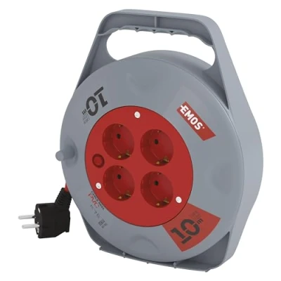 Immagine di EMOS P19510 Mini Cavo di prolunga da 10 m, Scatola, avvolgicavo, Tamburo per Cavi Uso Interno, 4 Prese Schuko, 2300 W, Interruttore Termico, Grigio/Rosso, 230 V, Multicolore