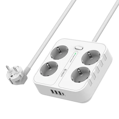 Immagine di Ciabatta elettrica a 4 prese con porte di ricarica USB, Unidapt multipresa USB C, montaggio parete (2500 W), protezione da sovratensione cavo 1,8 m, per ufficio, Power