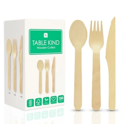 Immagine di Table Kind 150 x Set di posate in legno biodegradabili, coltelli, forchette, cucchiai, compleanno, Natale, campeggio, picnic o barbecue, catering, utensili 17 cm