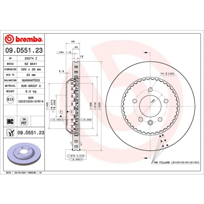 Immagine di BREMBO 09.D551.23 disco freno 325 25 5 ventilazione interna, a due pezzi rivestito ad alto tenore di carbonio