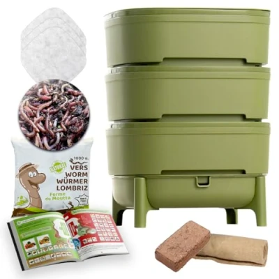 Immagine di WORMcube Verde Design &amp; Compact I Vermicompostaggio 3 vassoi 500gr di vermi Lombrichi / 1000 pz. Kit Completo Filtro per annegamento dei