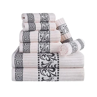Immagine di Superior Set di 8 asciugamani in cotone, motivo greco, elementi essenziali per la casa, assorbenti, decorazione bagno, spa, include 2 mani, viso e 4 da collezione