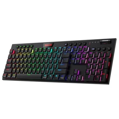 Immagine di Redragon K618 Tastiera Meccanica Wireless RGB, Bluetooth/2.4Ghz/Cablata da Gioco a Basso Profilo Connessione Cordless, Controllo Multimediale Dedicato e Interruttore Blu Tattile