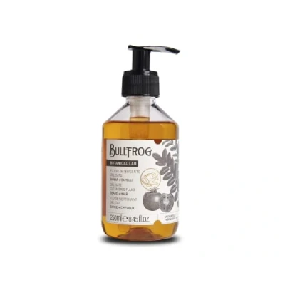 Immagine di Bullfrog Fluido detergente delicato 250 ml Shampoo per capelli e barba Proprietà lenitive rivitalizzanti Note fresche vegetali Made in Italy