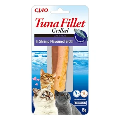 Immagine di INABA Filetti di Tonno Grigliato per Gatti, in Brodo al Gusto Gamberetti Snack Gatto Ricco Antiossidanti Senza Conservanti o Coloranti Artificiali, Grain Free Cibo 1 Filetto x 15g