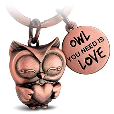 Immagine di FABACH Grazioso portachiavi con gufo, cuore e incisione, da regalare per amicizia amore, portafortuna in metallo donna, scritta lingua inglese Owl You Need is Love, rosa antico