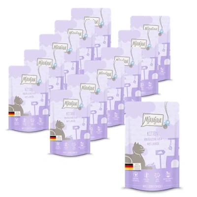 Immagine di MjAMjAM cibo umido premium per gatti Quetschie Gattino eccellente vitello con olio di salmone, confezione da 12 (12 x 125 g), senza cereali carne extra