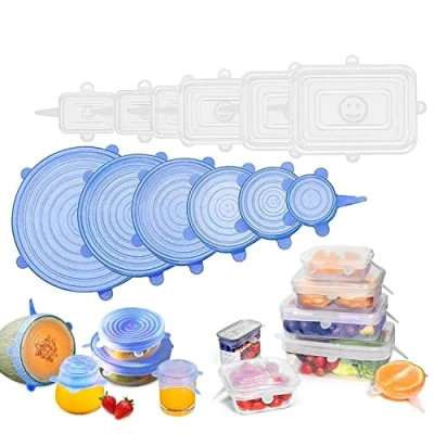 Immagine di CJCX Coperchi in Silicone, 12 Pezzi Silicone Estensibile Stretch per Alimenti, Riutilizzabile e Duraturo, Rettangolari &amp; Rotondi Vari Contenitori, Piatti, Scodelle, Tazza (Bianco+Blu)