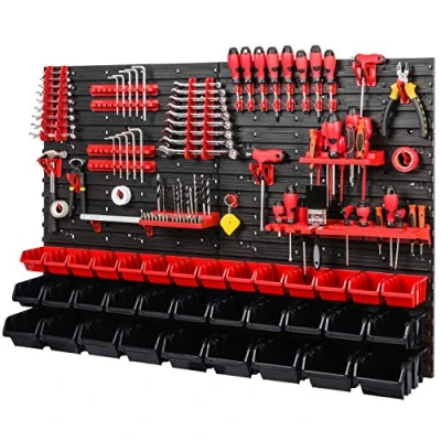 Immagine di Cassetta degli attrezzi impilabile 1152 x 780 mm Set di supporti per e 34 pezzi Scaffale da parete officina mensola forata scaffalatura magazzini scatole stoccaggio (rosso nero)