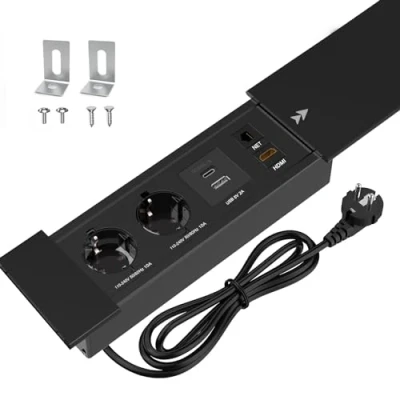 Immagine di CHENGPI Presa a Scomparsa da Incasso,Presa Incasso con 2 Prese,1 USB,1 Type C PD18W,Interfaccia di Rete HDMI TD,Presa Tavolo in Alluminio per Ufficio Cucina, 1.8M Cavo